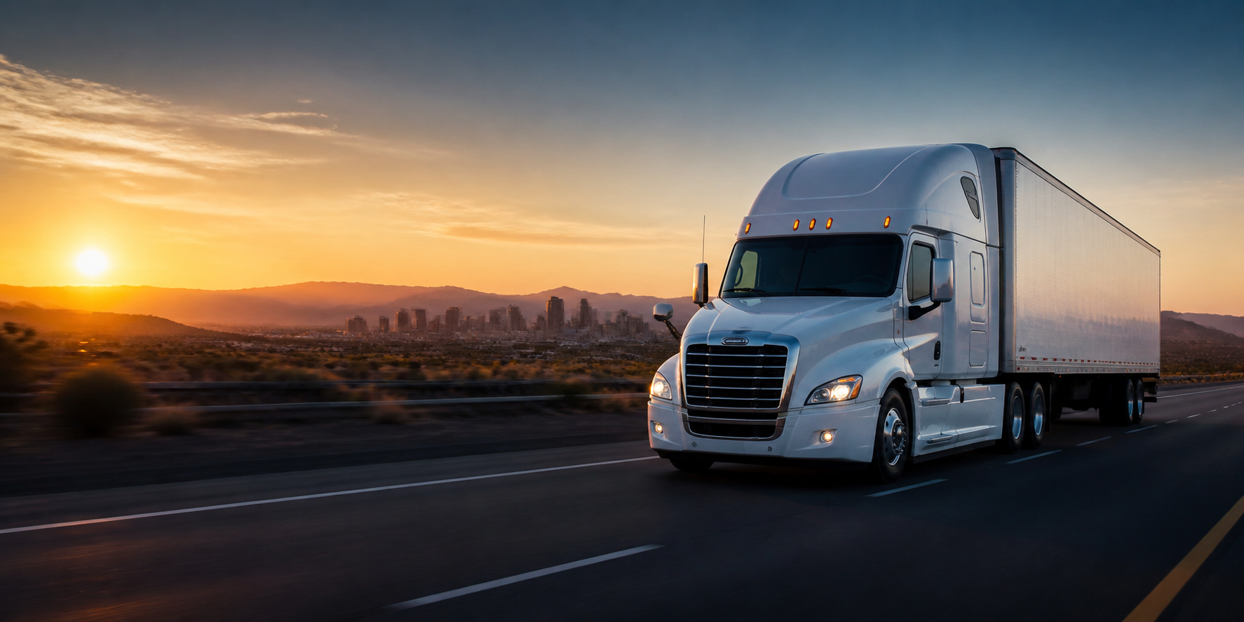 Semi truck near Phoenix at sunrise